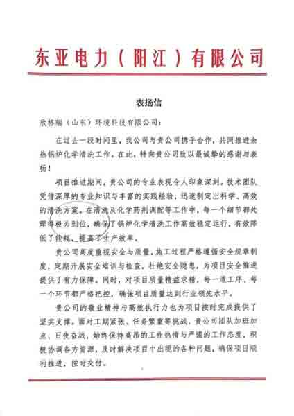 攜手共贏·匠心服務再獲認可 ——欣格瑞公司承接的東亞電力（陽江）余熱鍋爐化學清洗項目獲客戶表揚